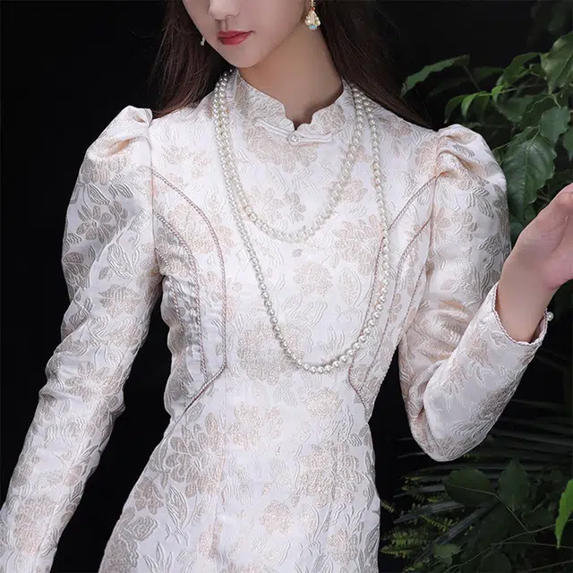 槿爷东方 新中式提花长袖旗袍 女款 白色