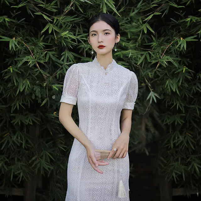槿爷东方 古漫复古蕾丝泡泡袖旗袍 女款 珍珠白