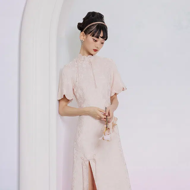 槿爷东方 纯色开叉短袖旗袍 杏粉色
