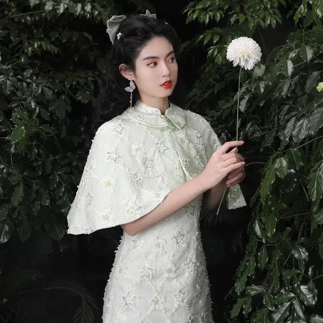 槿爷东方 馨绿 刺绣网纱纯色短款短袖连衣裙斗篷分体套装 女款 果绿色