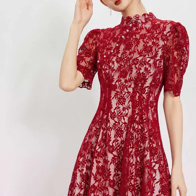 槿爷东方 花色蕾丝短袖旗袍 女款 酒红色