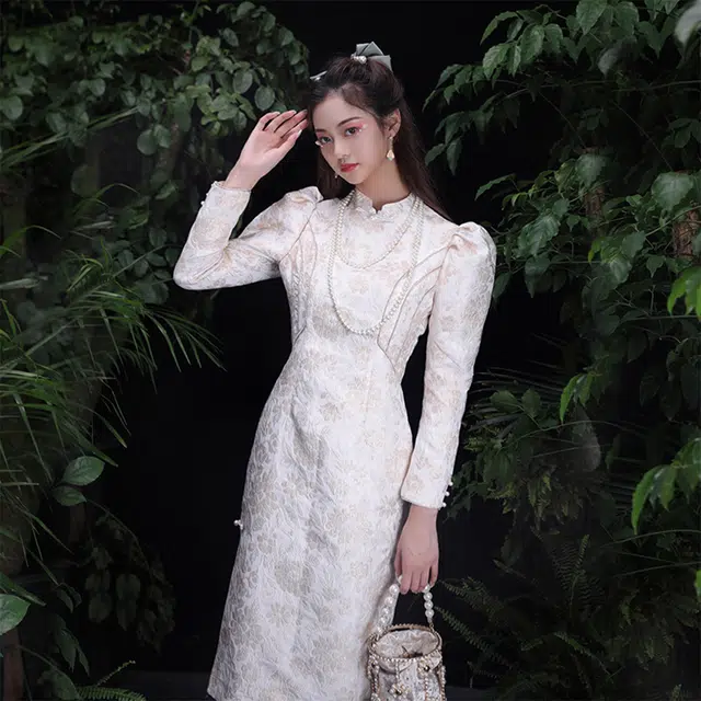 槿爷东方 新中式提花长袖旗袍 女款 白色