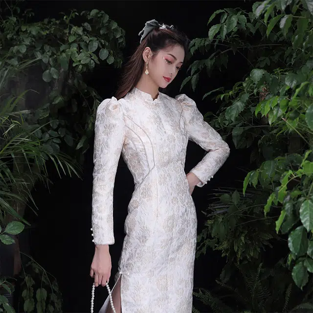 槿爷东方 新中式提花长袖旗袍 女款 白色