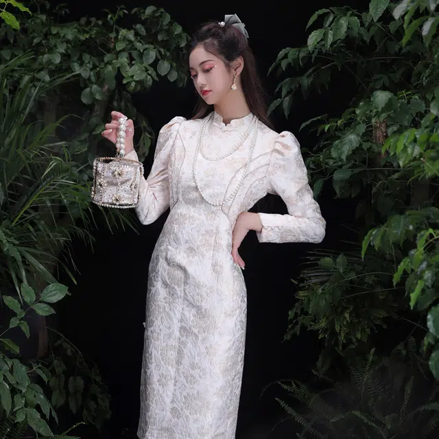 槿爷东方 新中式提花长袖旗袍 女款 白色