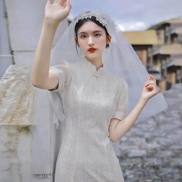 槿爷东方 古漫复古蕾丝泡泡袖旗袍 女款 珍珠白
