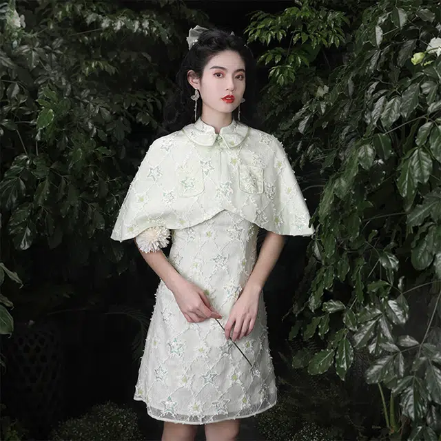 槿爷东方 馨绿 刺绣网纱纯色短款短袖连衣裙斗篷分体套装 女款 果绿色