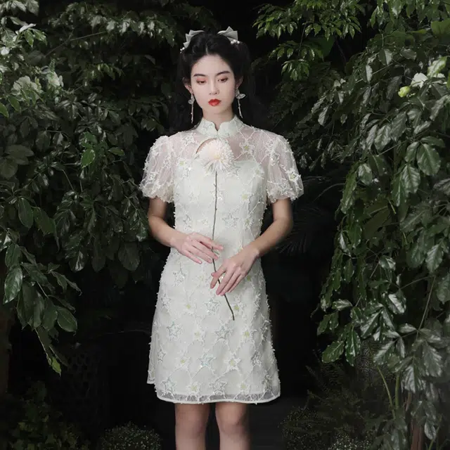 槿爷东方 馨绿 刺绣网纱纯色短款短袖连衣裙斗篷分体套装 女款 果绿色