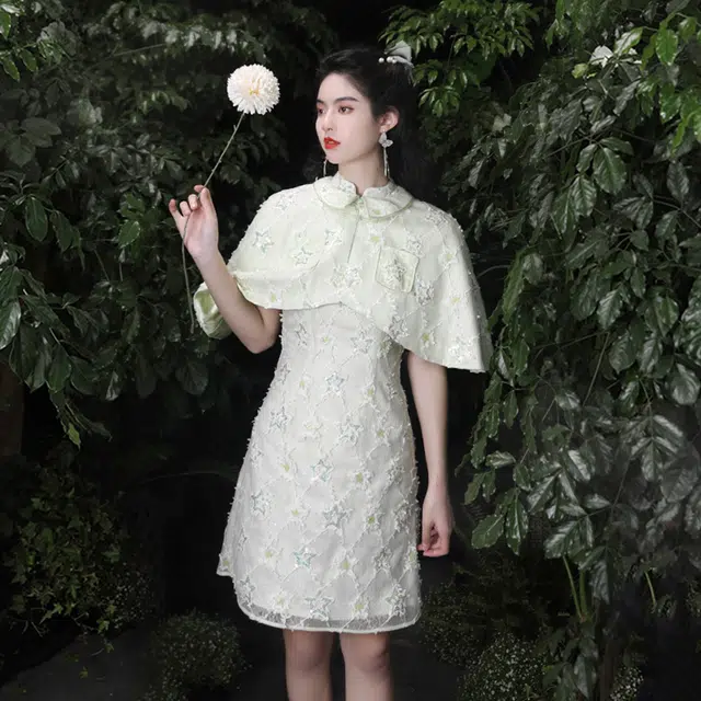 槿爷东方 馨绿 刺绣网纱纯色短款短袖连衣裙斗篷分体套装 女款 果绿色