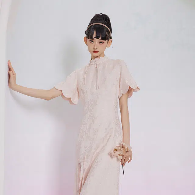 槿爷东方 纯色开叉短袖旗袍 杏粉色