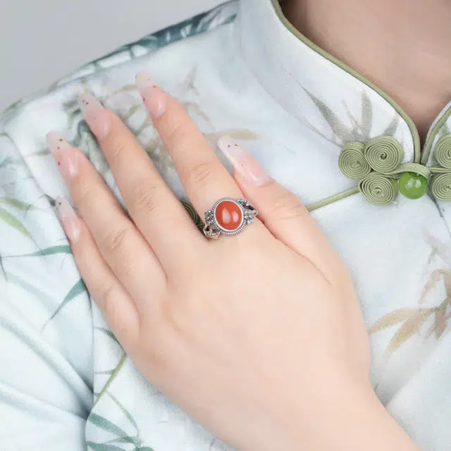 小银匠 复古 花开富贵 新中式天然 玛瑙 戒指 女款