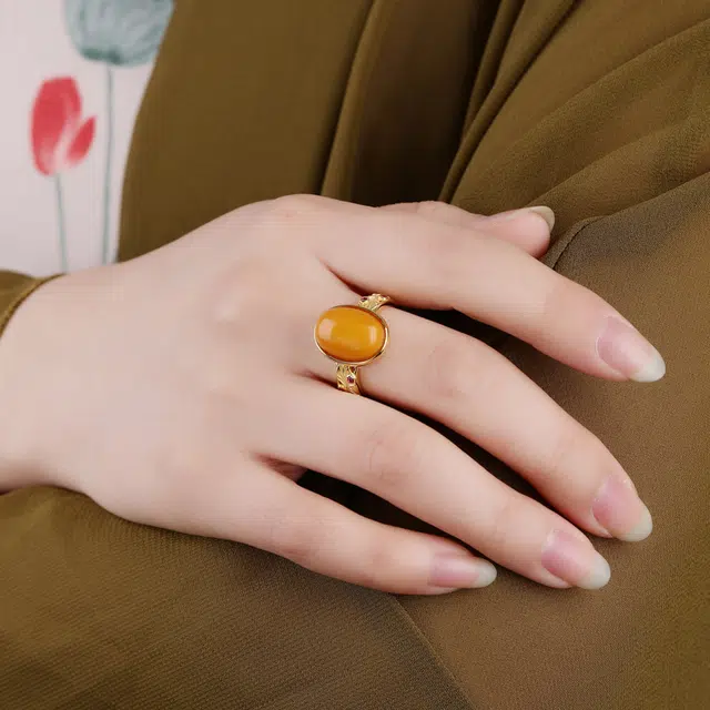 小银匠 蛋面中国风复古 高级感轻奢古风 蜜蜡 戒指 女款