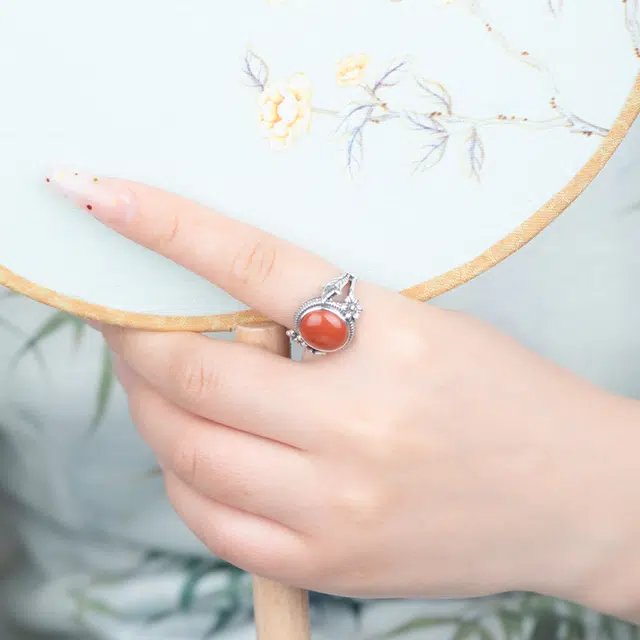 小银匠 复古 花开富贵 新中式天然 玛瑙 戒指 女款