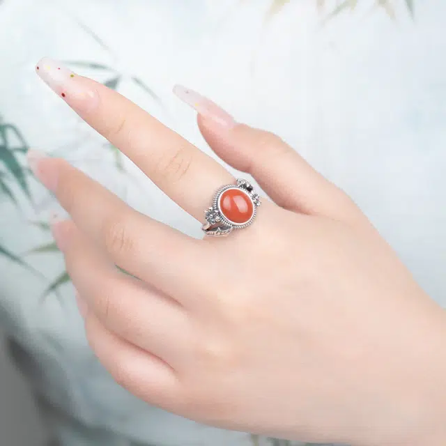 小银匠 复古 花开富贵 新中式天然 玛瑙 戒指 女款