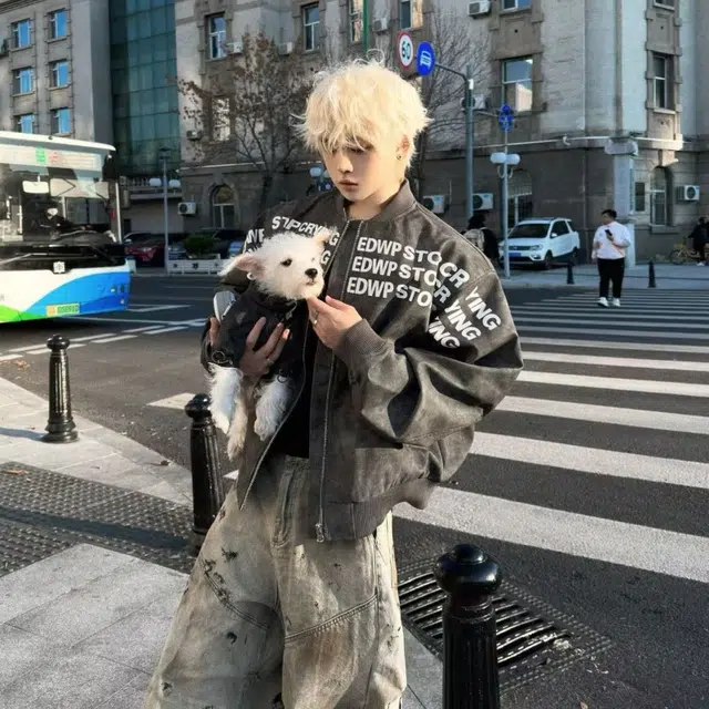 费尔岛上的猫 美式复古风字母印花宽松多功能上衣皮衣 男女同款