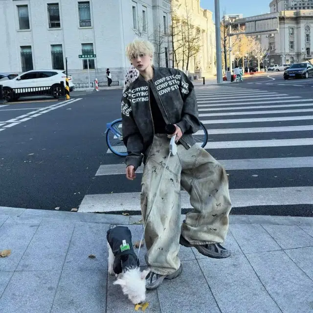费尔岛上的猫 美式复古风字母印花宽松多功能上衣皮衣 男女同款