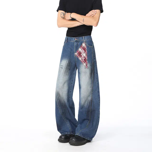 明尼凯 美式复古泼墨抓痕设计做旧水洗破洞毛边满印磨白解构高级感炸街潮牌宽松百搭潮流痞帅直筒显高显瘦牛仔裤 男女同款