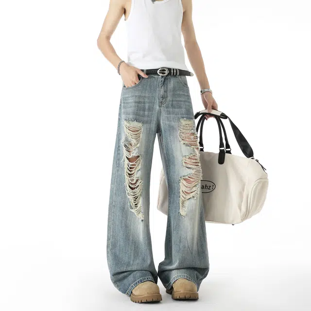 明尼凯 美式高街复古做旧水洗个性痞帅破坏风设计潮流简约时尚通勤日常百搭宽松垂感舒适透气无性别主义阔腿直筒破洞牛仔裤 男女同款