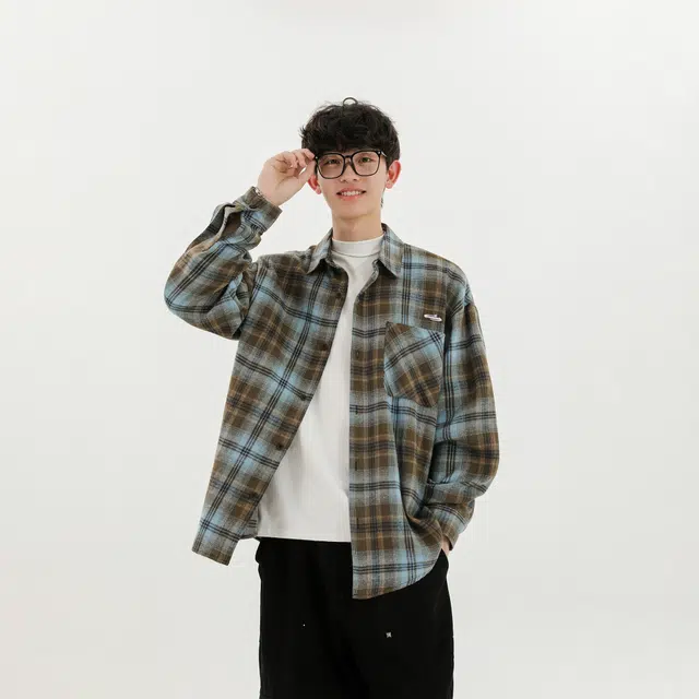 明尼凯 美式复古高街学院风小众个性设计感做旧水洗撞色格子简约慵懒风外套日常通勤百搭休闲宽松时尚潮流街头痞帅翻领长袖衬衫 男女同款