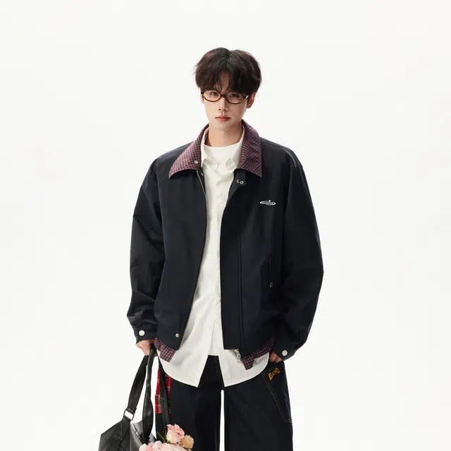 明尼凯 美式复古高街风基础款拼接格子翻领假两件设计小众高级感叠穿感户外日常通勤休闲宽松潮流百搭落肩情侣夹克外套 男女同款