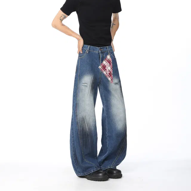 明尼凯 美式复古泼墨抓痕设计做旧水洗破洞毛边满印磨白解构高级感炸街潮牌宽松百搭潮流痞帅直筒显高显瘦牛仔裤 男女同款