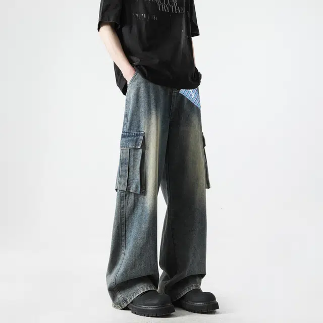 明尼凯 美式高街潮牌复古重工水洗做旧日渐变废土风工装口袋显高显瘦潮流百搭慵懒休闲帅气日常通勤宽松垂感直筒牛仔裤 男女同款