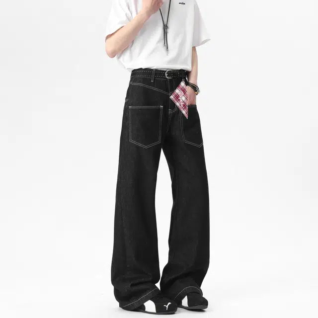 明尼凯 美式复古潮流高街个性前插反穿口袋设计纯色基础款潮牌小众百搭日常无性别主义宽松休闲舒适廓形牛仔裤 男女同款