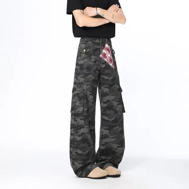 明尼凯 美式复古嘻哈街头风迷彩多口袋裤子潮牌设计感小众高级感痞帅修身直筒显高显瘦长裤百搭垂感拖地伐木工装牛仔裤 男女同款