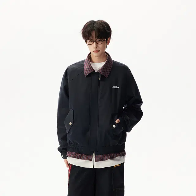 明尼凯 美式复古高街风基础款拼接格子翻领假两件设计小众高级感叠穿感户外日常通勤休闲宽松潮流百搭落肩情侣夹克外套 男女同款