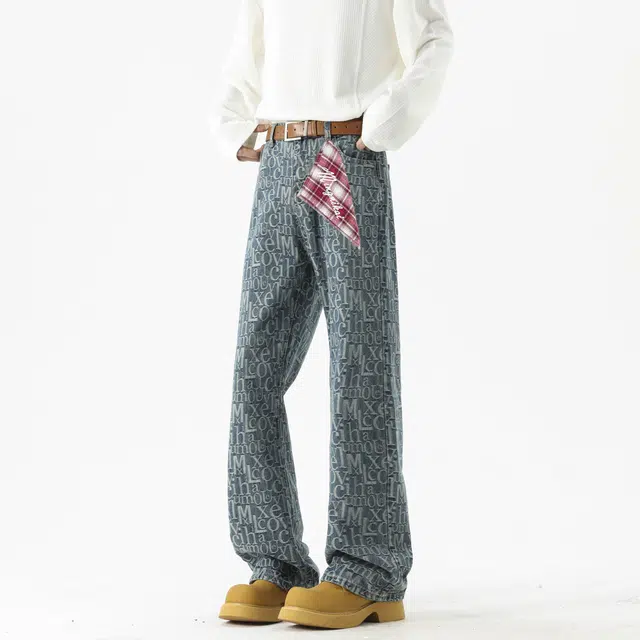 明尼凯 美式复古潮牌小众巴黎风手绘字母个性满印提花设计高级感宽松休闲时尚百搭潮流痞帅直筒垂感微喇牛仔裤 男女同款