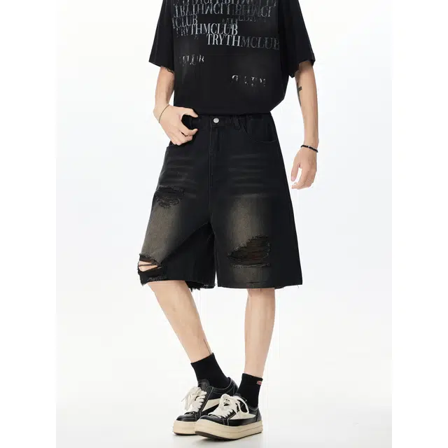 明尼凯 美式复古个性毛边破洞做旧设计嘻哈街头风直筒宽松五分潮流痞帅慵懒百搭牛仔短裤 男女同款