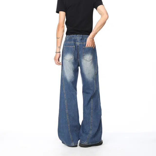 明尼凯 美式复古泼墨抓痕设计做旧水洗破洞毛边满印磨白解构高级感炸街潮牌宽松百搭潮流痞帅直筒显高显瘦牛仔裤 男女同款