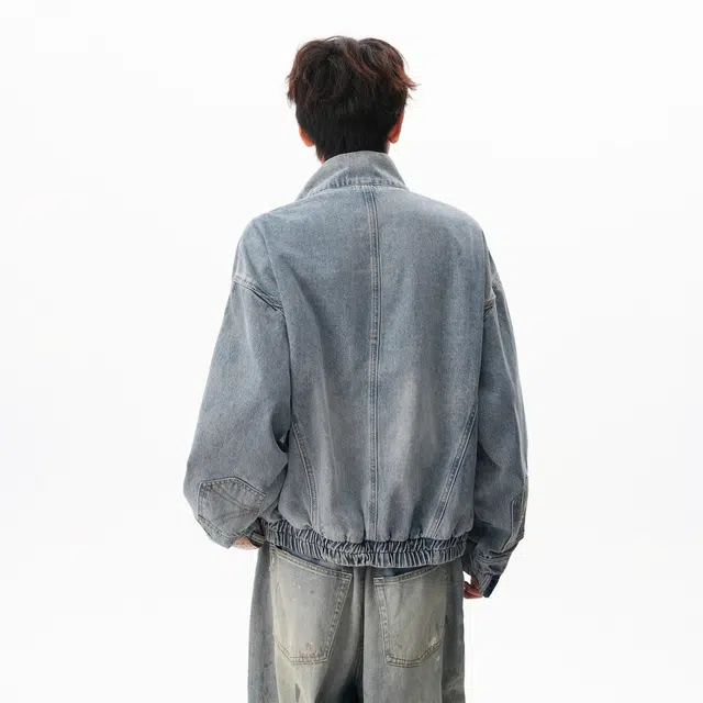 明尼凯 美式复古高街学院风解构倒装设计感夹克立领上衣时尚舒适百搭痞帅青春感高级感慵懒休闲宽松遮肉显瘦通勤牛仔外套 男女同款