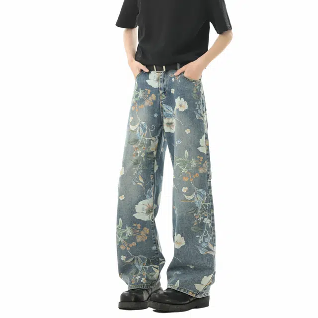 明尼凯 美式复古水洗满印印花卉设计小众高级感个性潮流痞帅舒适柔软宽松休闲直筒垂感百搭拖地中腰情侣牛仔裤 男女同款