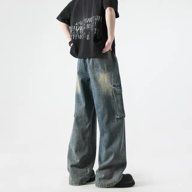 明尼凯 美式高街潮牌复古重工水洗做旧日渐变废土风工装口袋显高显瘦潮流百搭慵懒休闲帅气日常通勤宽松垂感直筒牛仔裤 男女同款