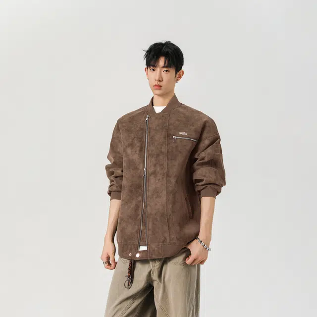 明尼凯 美式复古高街小众解构金属拉链设计感做旧水洗扎染外套日常通勤百搭休闲宽松个性时尚机车服痞帅工装立领夹克 男女同款