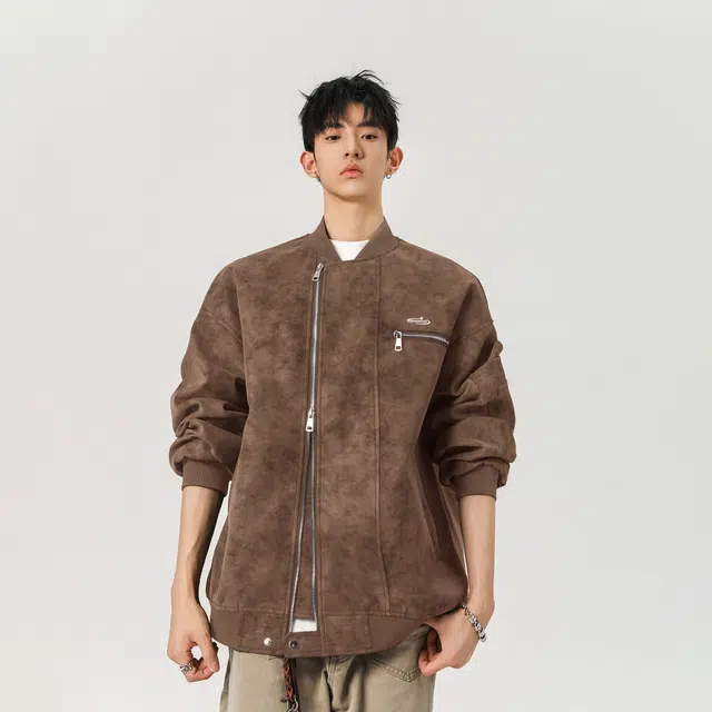 明尼凯 美式复古高街小众解构金属拉链设计感做旧水洗扎染外套日常通勤百搭休闲宽松个性时尚机车服痞帅工装立领夹克 男女同款