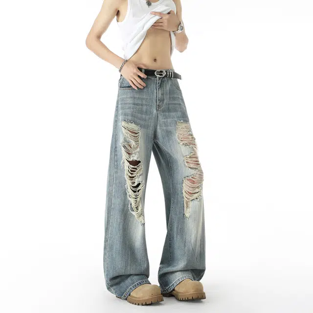 明尼凯 美式高街复古做旧水洗个性痞帅破坏风设计潮流简约时尚通勤日常百搭宽松垂感舒适透气无性别主义阔腿直筒破洞牛仔裤 男女同款