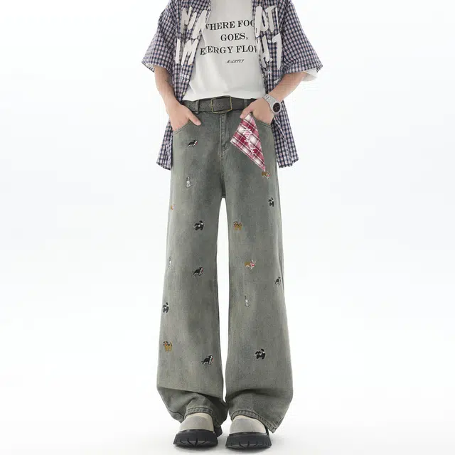 明尼凯 美式复古高街水洗做旧简约个性趣味卡通可爱小狗万针植绒刺绣工艺小众高级设计休闲宽松垂感百搭日常通勤直筒微喇牛仔裤 男女同款