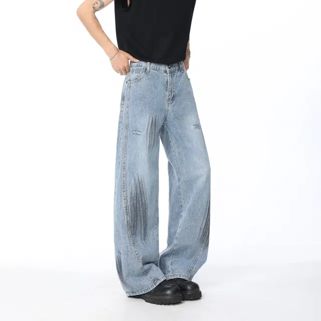 明尼凯 美式复古高街暗黑喷墨设计做旧水洗破洞毛边满印磨白解构高级感炸街潮牌宽松百搭潮流痞帅直筒阔腿显高显瘦弯刀牛仔裤 男女同款