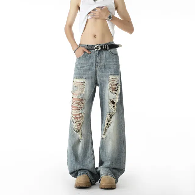 明尼凯 美式高街复古做旧水洗个性痞帅破坏风设计潮流简约时尚通勤日常百搭宽松垂感舒适透气无性别主义阔腿直筒破洞牛仔裤 男女同款