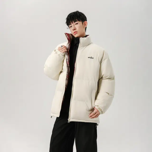 明尼凯 美式复古高街学院风纯色面包服格纹拼接校园小清新防风抗寒保暖休闲宽松立领长袖外套日常通勤百搭舒适时尚户外棉服 男女同款