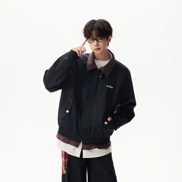 明尼凯 美式复古高街风基础款拼接格子翻领假两件设计小众高级感叠穿感户外日常通勤休闲宽松潮流百搭落肩情侣夹克外套 男女同款