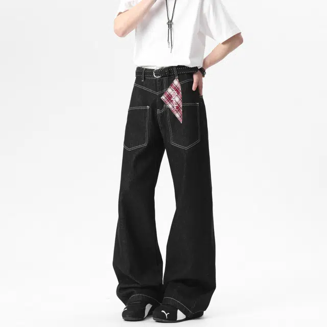 明尼凯 美式复古潮流高街个性前插反穿口袋设计纯色基础款潮牌小众百搭日常无性别主义宽松休闲舒适廓形牛仔裤 男女同款