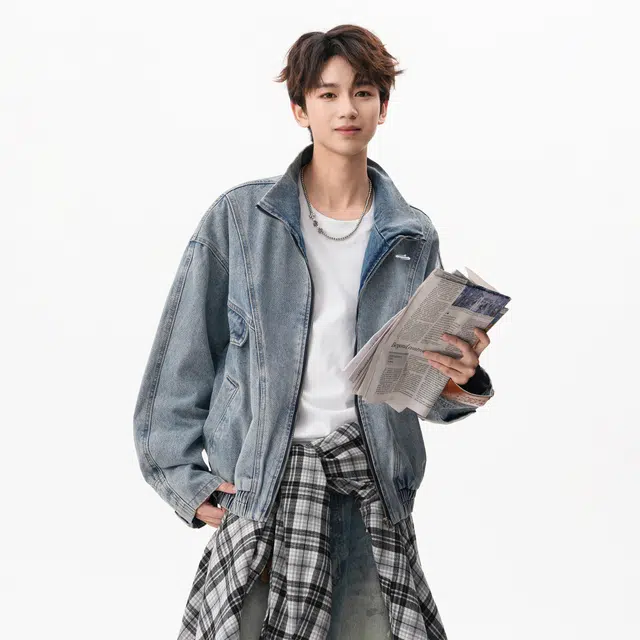 明尼凯 美式复古高街学院风解构倒装设计感夹克立领上衣时尚舒适百搭痞帅青春感高级感慵懒休闲宽松遮肉显瘦通勤牛仔外套 男女同款