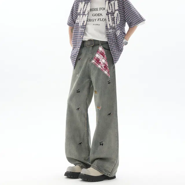 明尼凯 美式复古高街水洗做旧简约个性趣味卡通可爱小狗万针植绒刺绣工艺小众高级设计休闲宽松垂感百搭日常通勤直筒微喇牛仔裤 男女同款