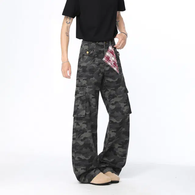 明尼凯 美式复古嘻哈街头风迷彩多口袋裤子潮牌设计感小众高级感痞帅修身直筒显高显瘦长裤百搭垂感拖地伐木工装牛仔裤 男女同款