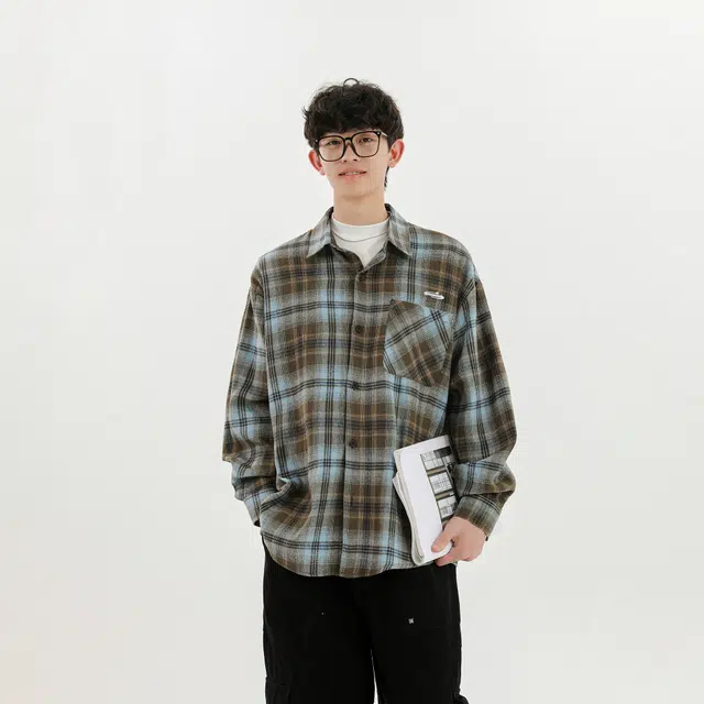 明尼凯 美式复古高街学院风小众个性设计感做旧水洗撞色格子简约慵懒风外套日常通勤百搭休闲宽松时尚潮流街头痞帅翻领长袖衬衫 男女同款