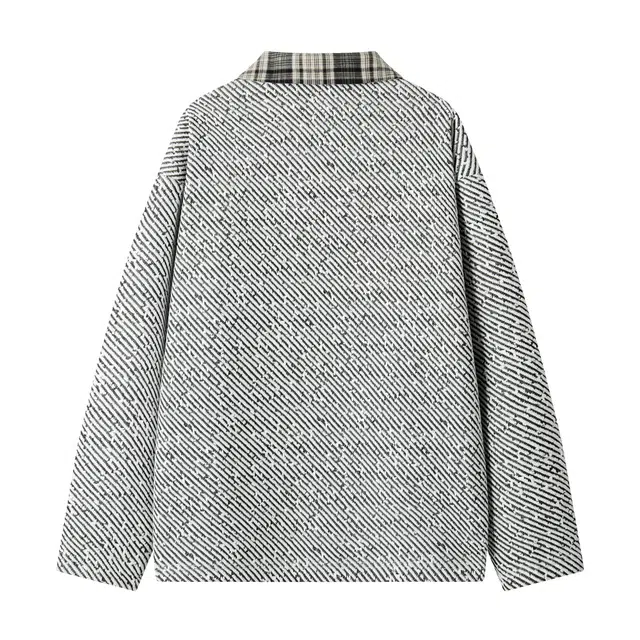 明尼凯 美式复古高街格子拼接设计雪尼尔重磅粗花针织潮牌假两件小香风内搭小众叠穿打底衫休闲百搭痞帅翻领套头长袖卫衣 男女同款