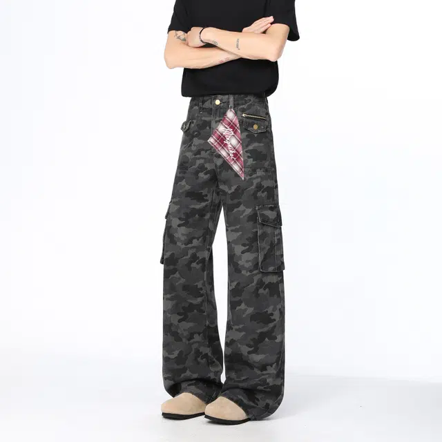 明尼凯 美式复古嘻哈街头风迷彩多口袋裤子潮牌设计感小众高级感痞帅修身直筒显高显瘦长裤百搭垂感拖地伐木工装牛仔裤 男女同款