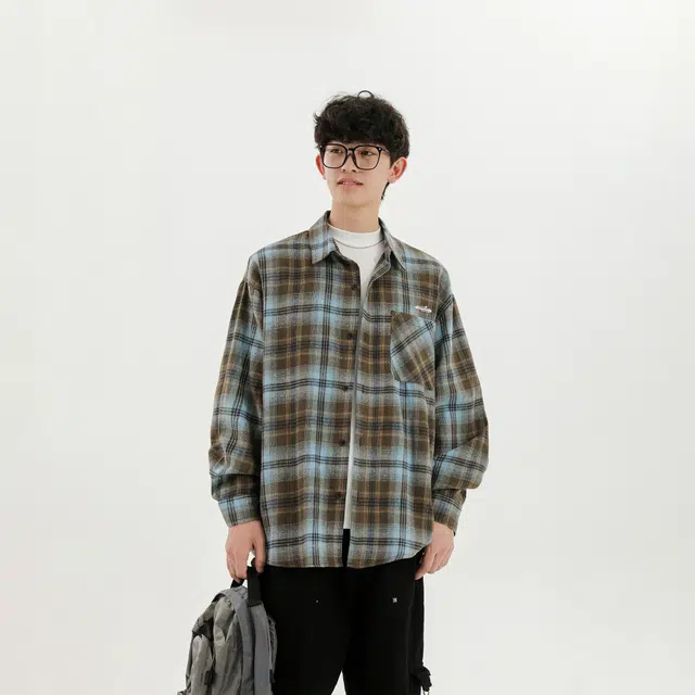 明尼凯 美式复古高街学院风小众个性设计感做旧水洗撞色格子简约慵懒风外套日常通勤百搭休闲宽松时尚潮流街头痞帅翻领长袖衬衫 男女同款